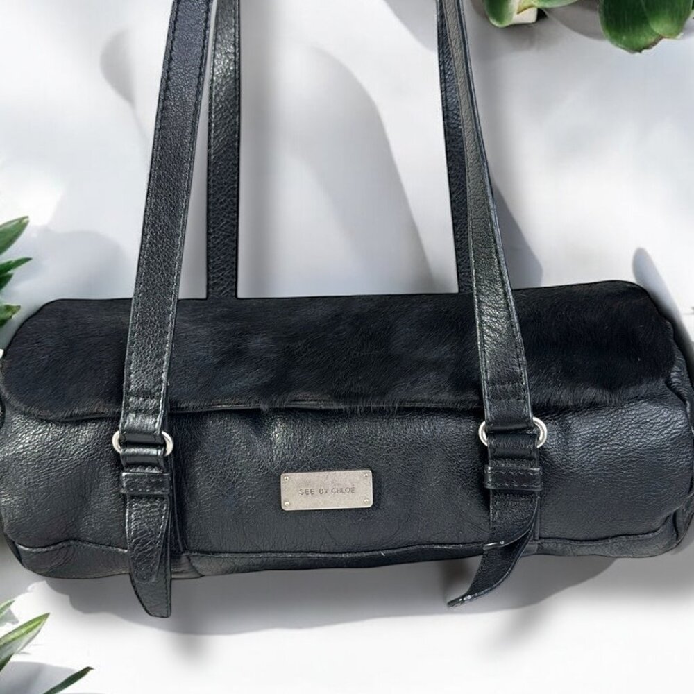 See by Chloe RARE Leather and Calf Hair Barrel Shoulder Bag with COA
